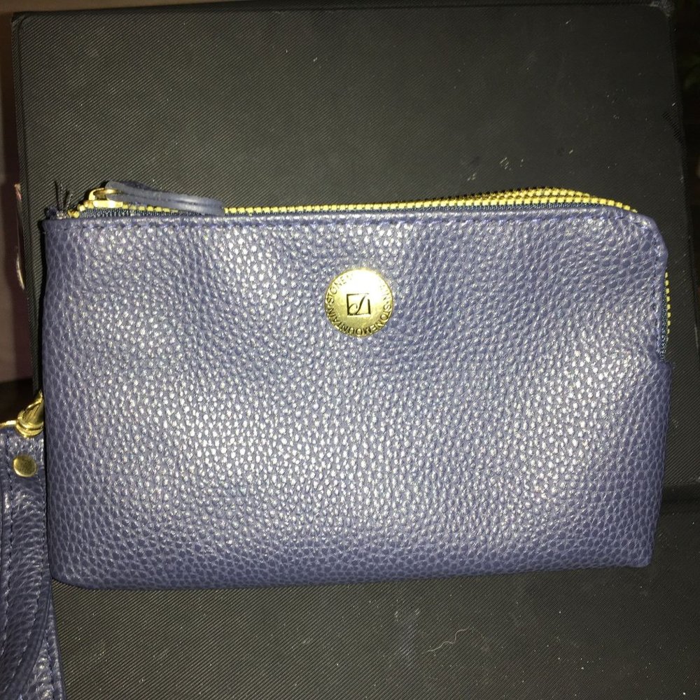 Stone Mountain Blue Leather Wristlet Multiple Zipper Pouches with Wrist Strap